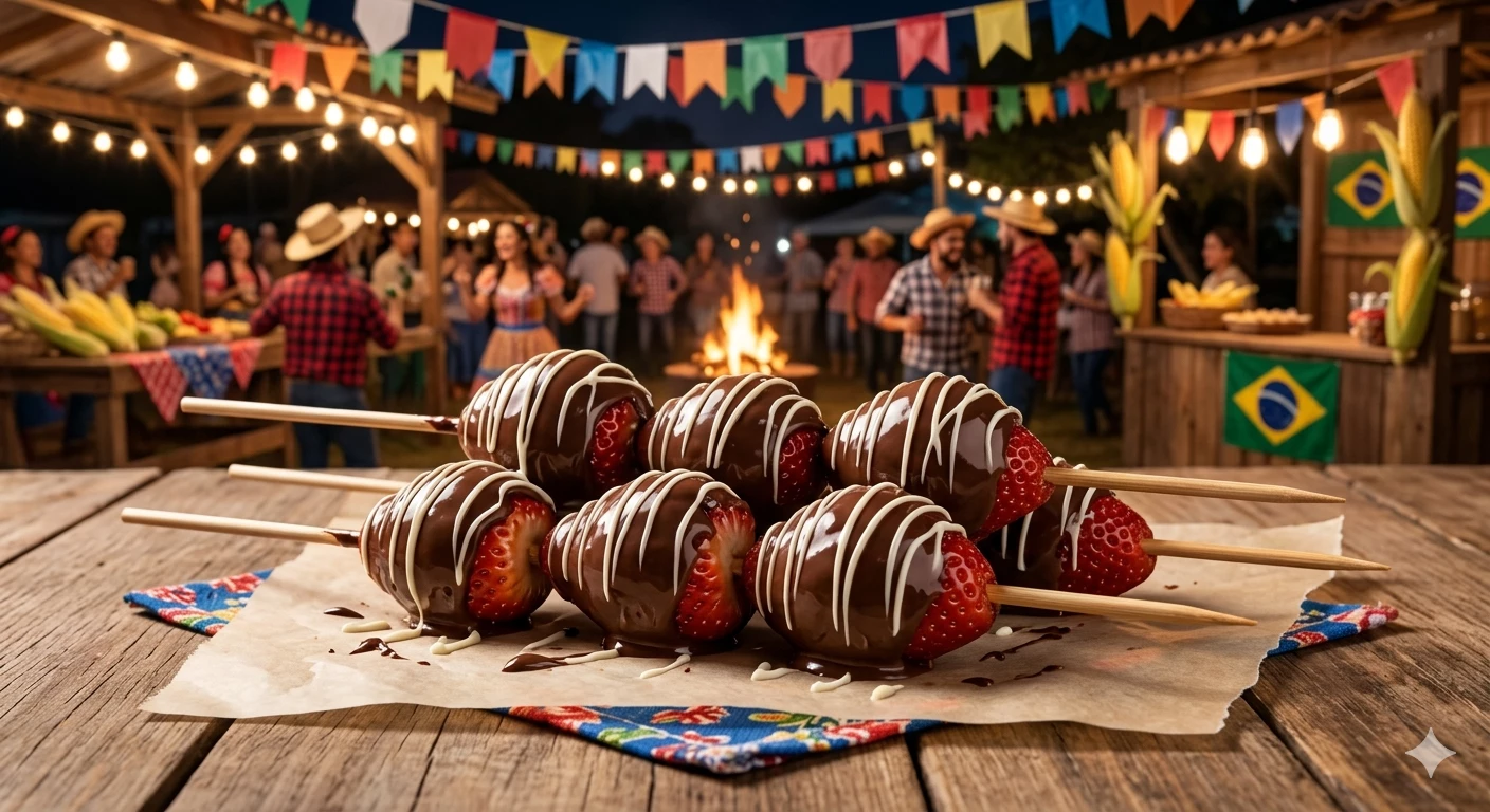 Espetinho de Morango com Chocolate do Mestre Bololo